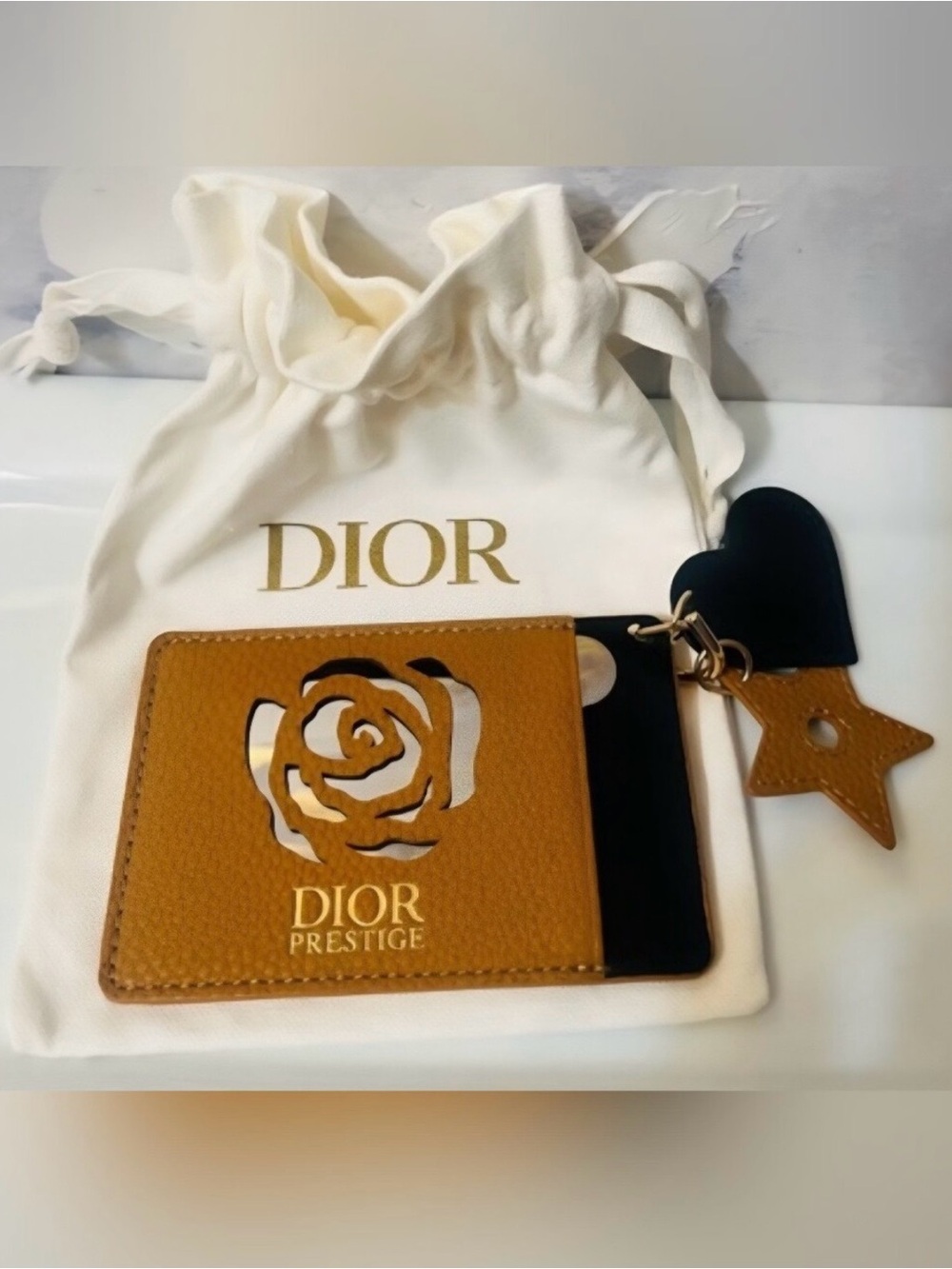 Dior Tan Leather Card Holder with Rose Cutout and Star Charm